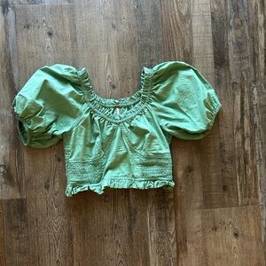 Free People Green Puff Sleeve Crop Top
